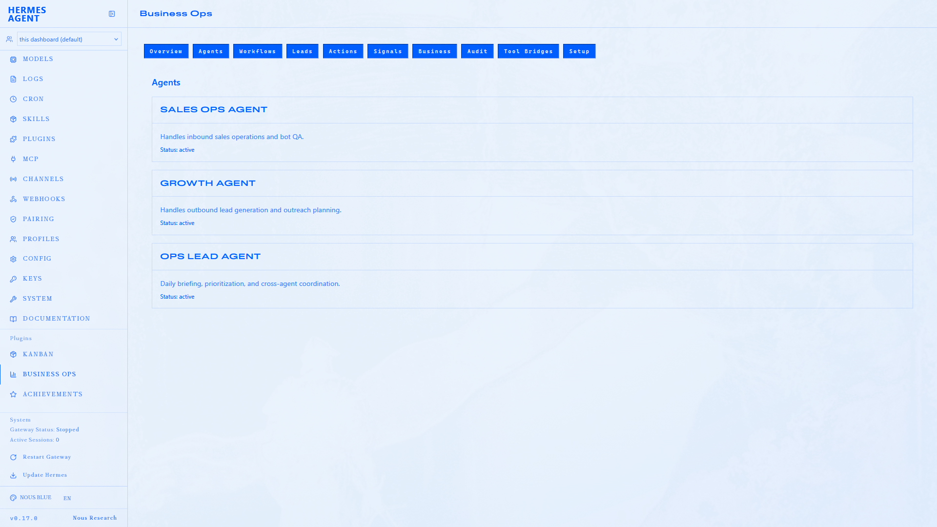 Agents — Sales Ops, Growth, and Ops Lead profile cards