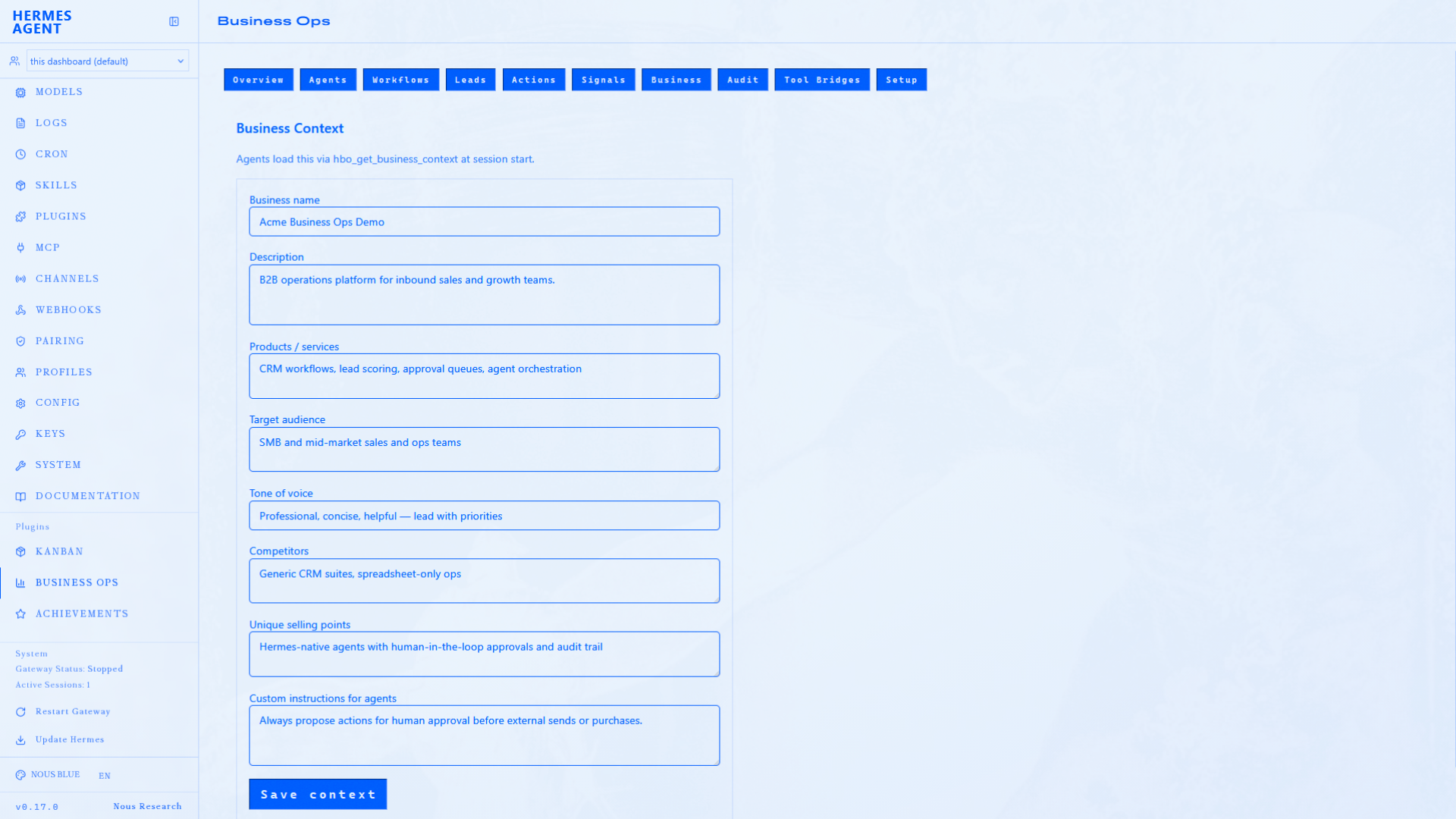 Business — company context form for agent tone and products
