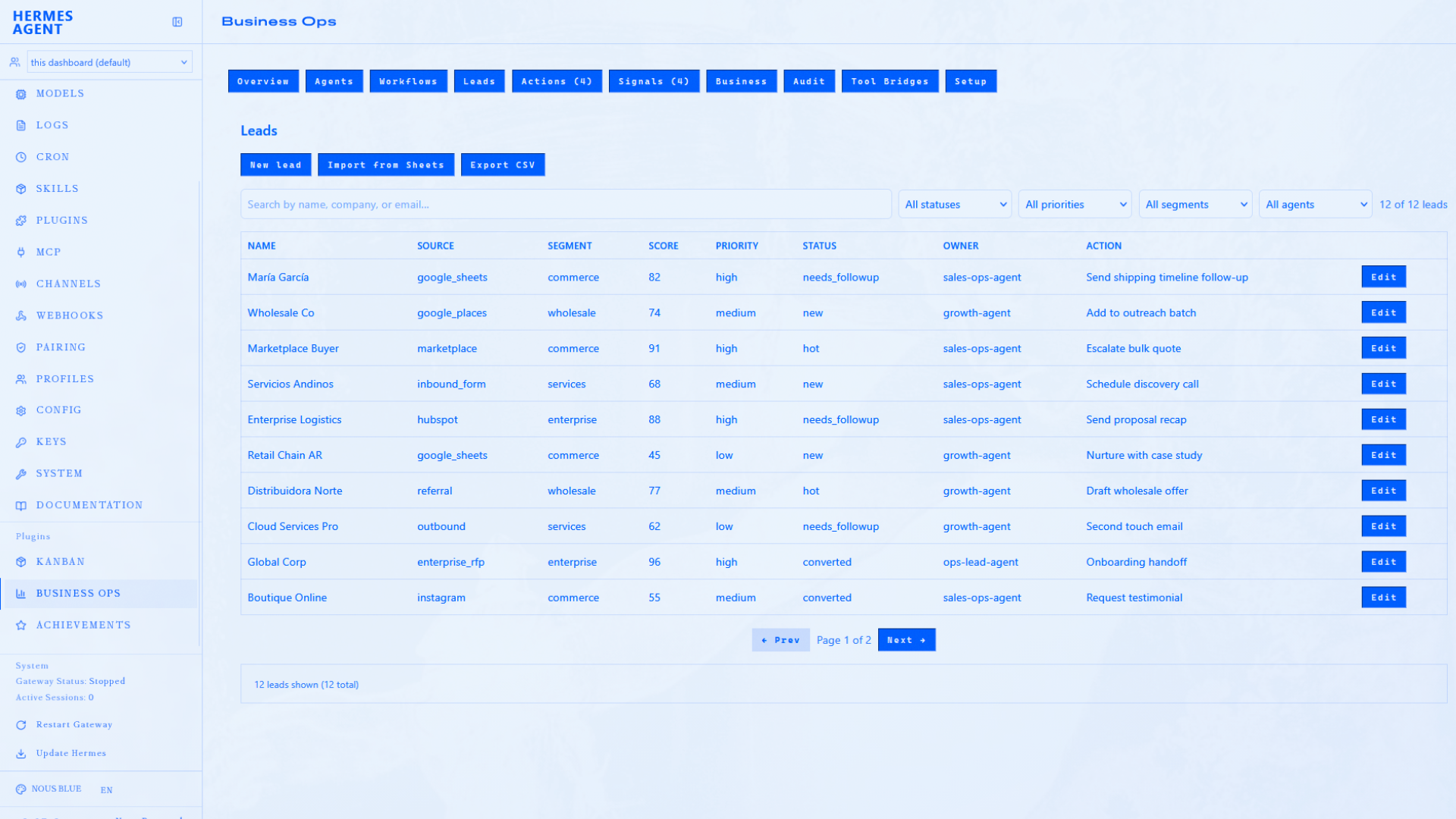 Leads — table with search, filters, import from Sheets, and edit