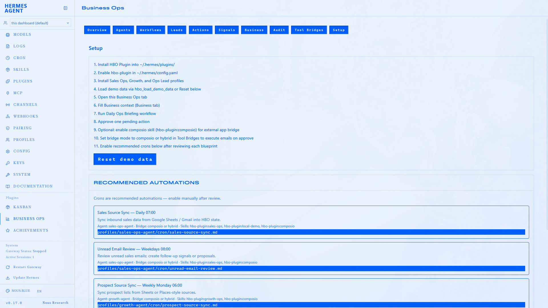 Setup — install checklist, restore sample data, recommended crons