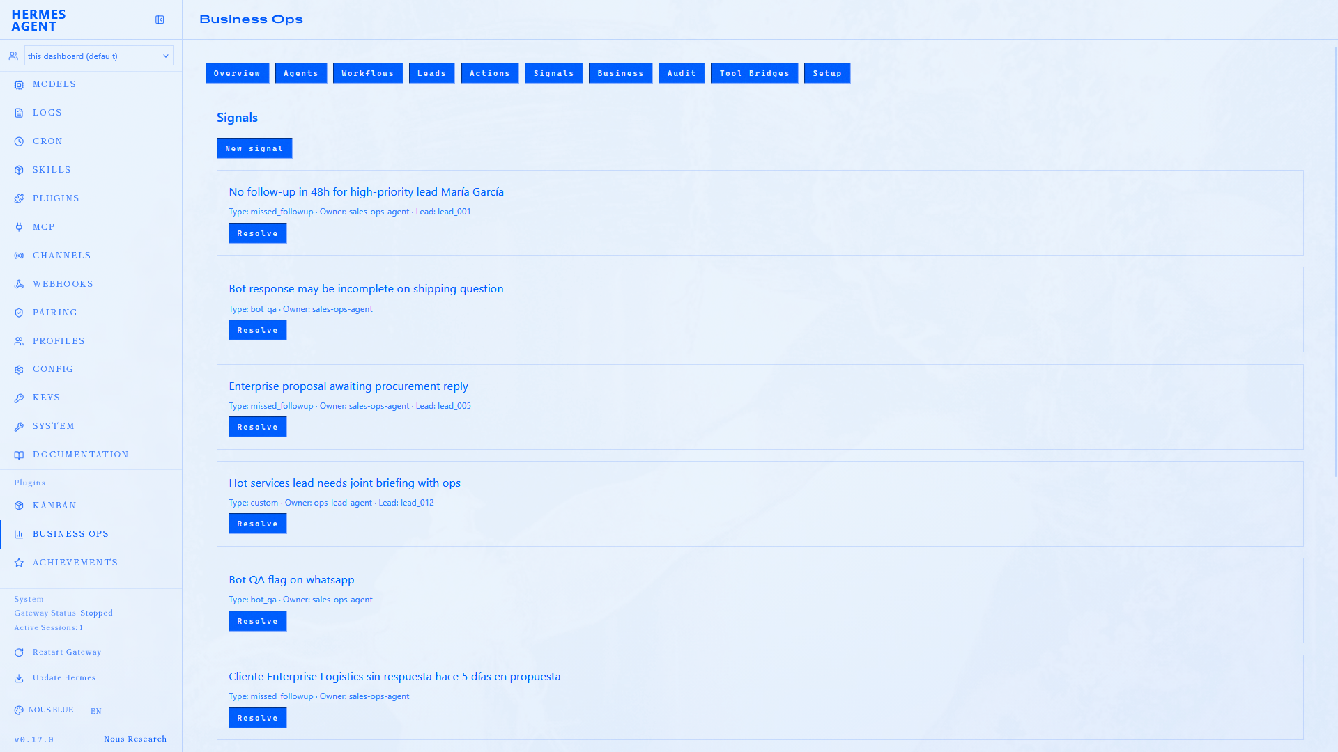 Signals — open alerts with type, owner, lead, and resolve