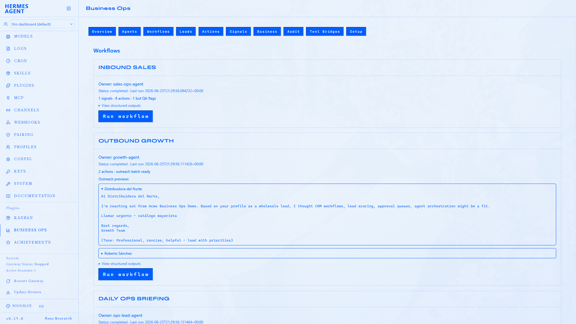 Workflows — run inbound, outbound, and daily ops; expand outreach previews